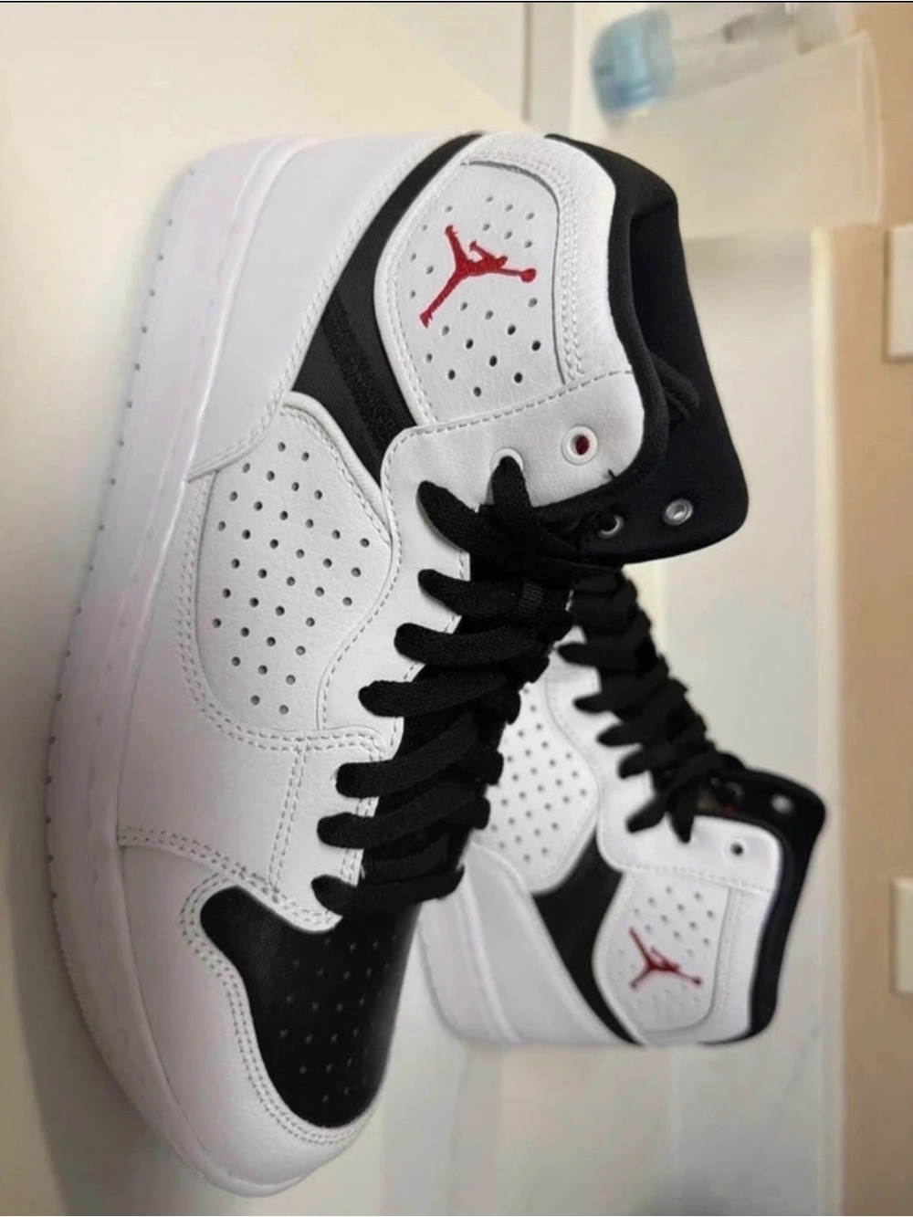 Jordan High-Top Sneakers in White, Black & Red